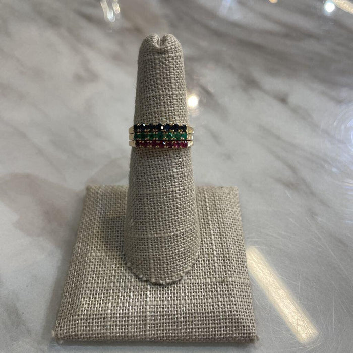 14KT YG SAPPHIRE,EMERALD,RUBY STACK BANDS SOLDERED SZ 6