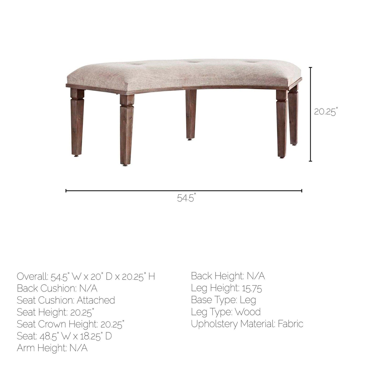 Aponas 55L x 20W Beige Upholstered Brown Wooden Curved Dining Bench