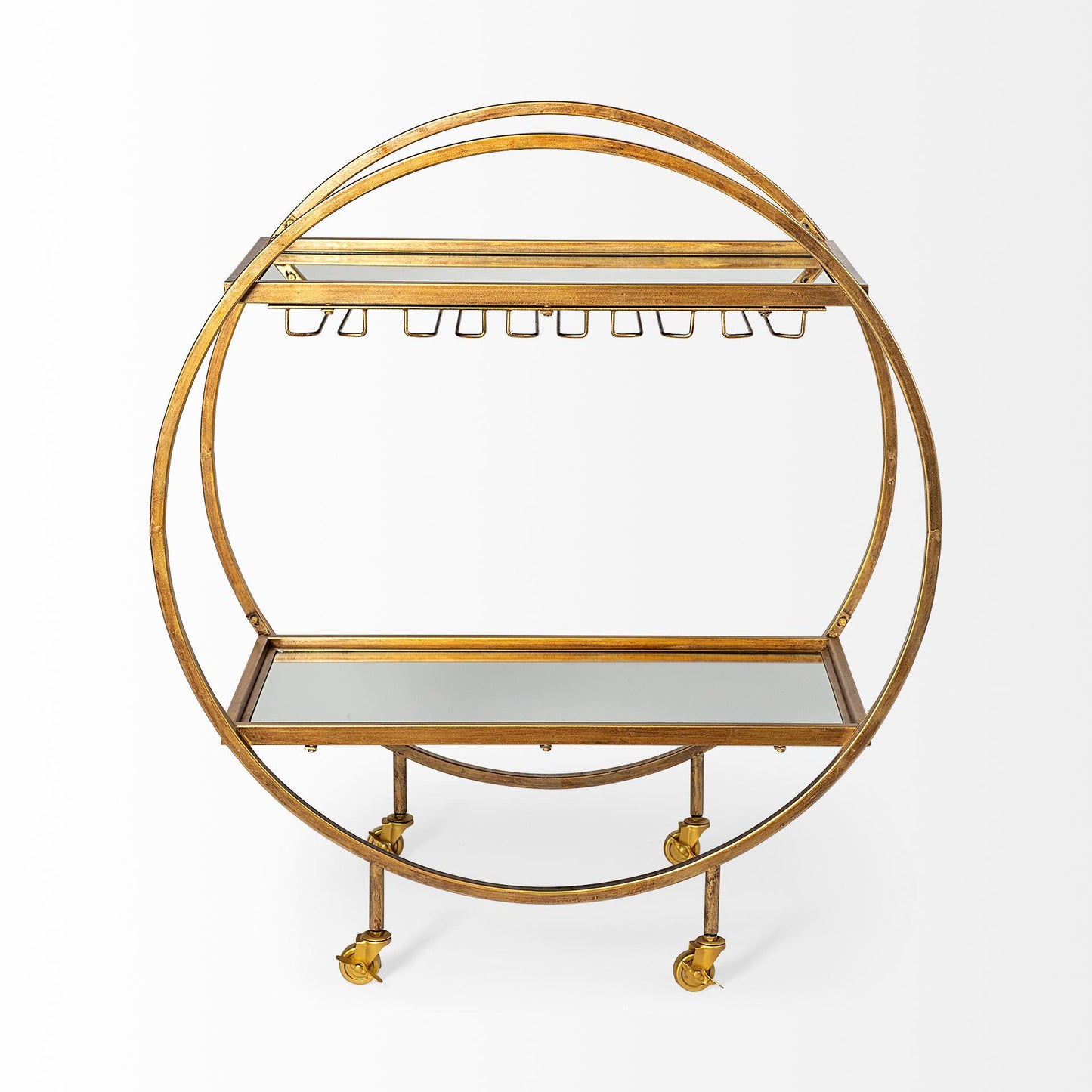 Carola Gold Frame Two-Tier Glass Shelves w/Stemware Holder Bar Cart