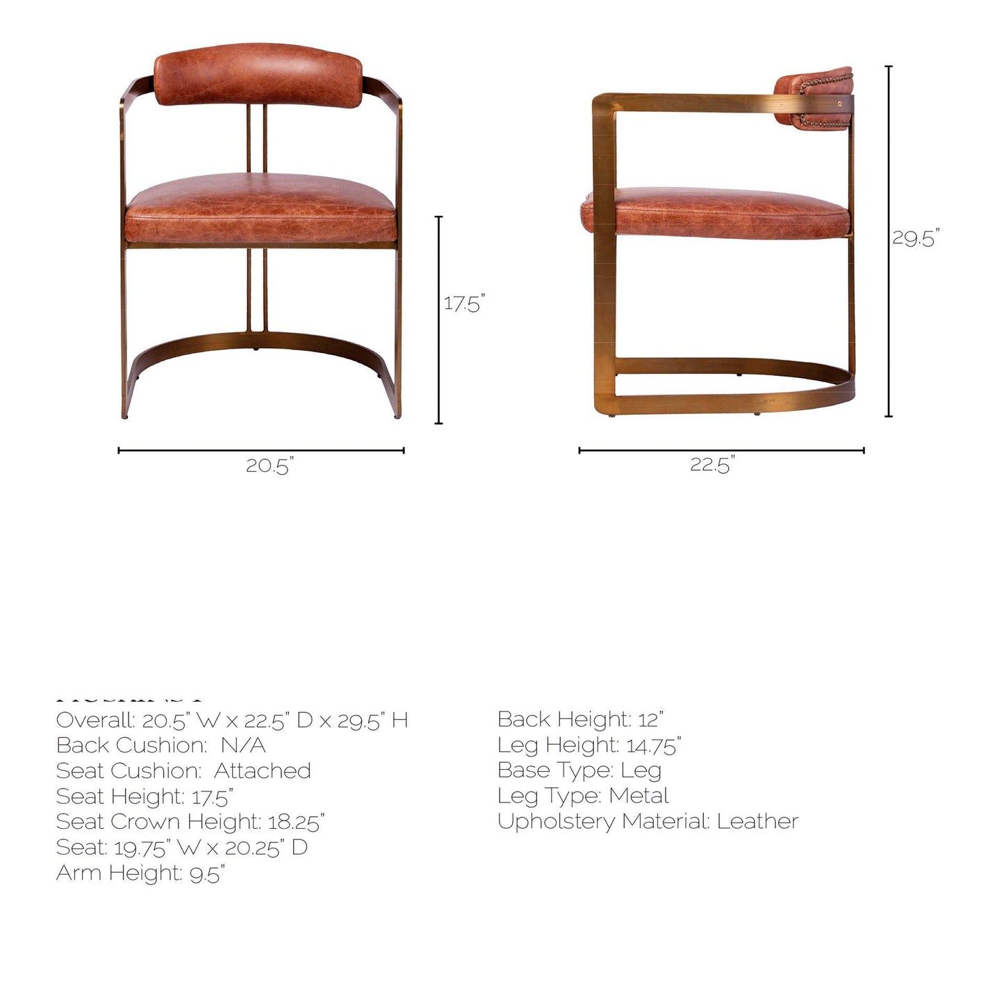 Hollyfield I Brown Leather Seat Gold Iron Frame Dining Chair