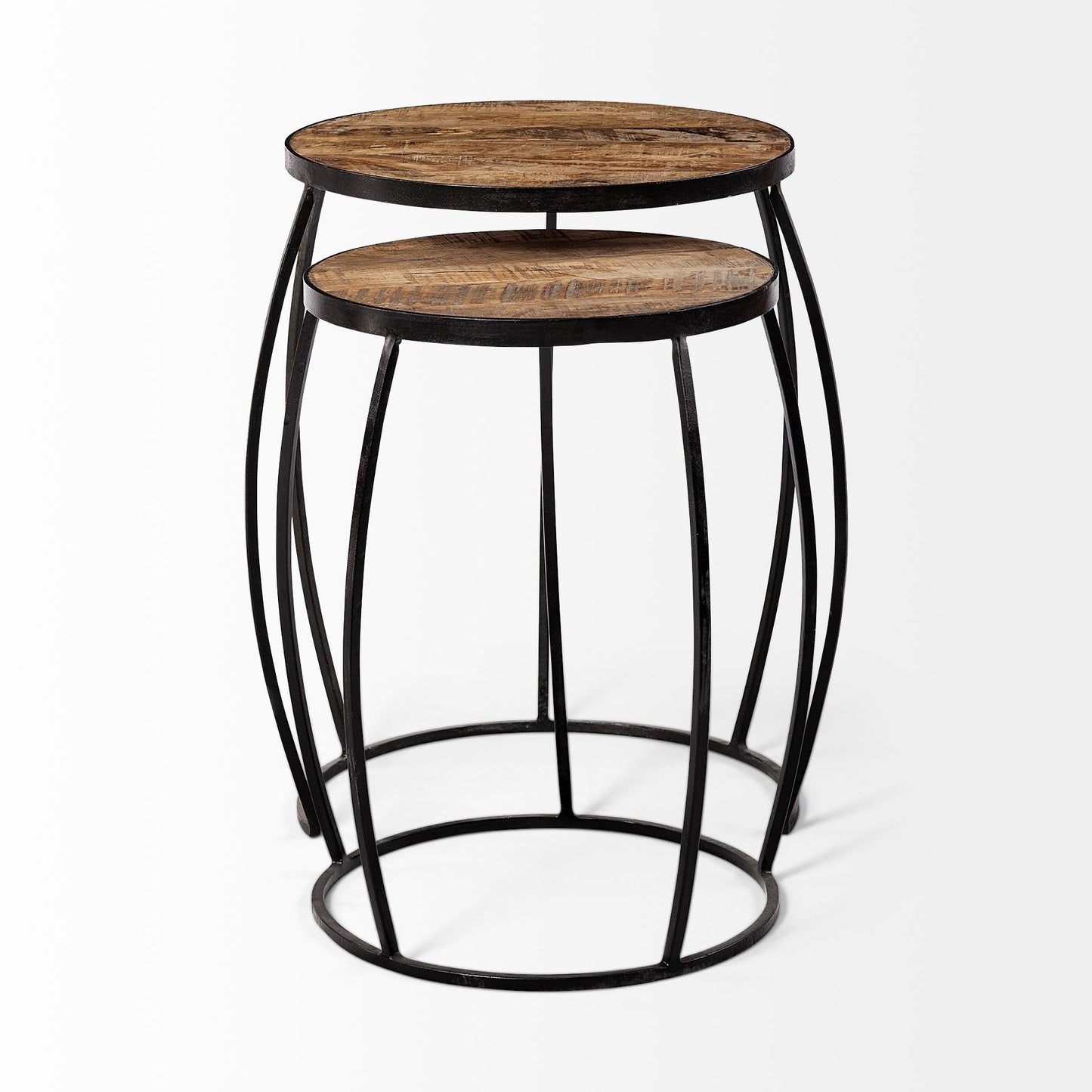 Clapp IV (Set of 2) 20L x 20W Brown Round Wood Top W/ Black Iron Frame Nesting Accent Tables