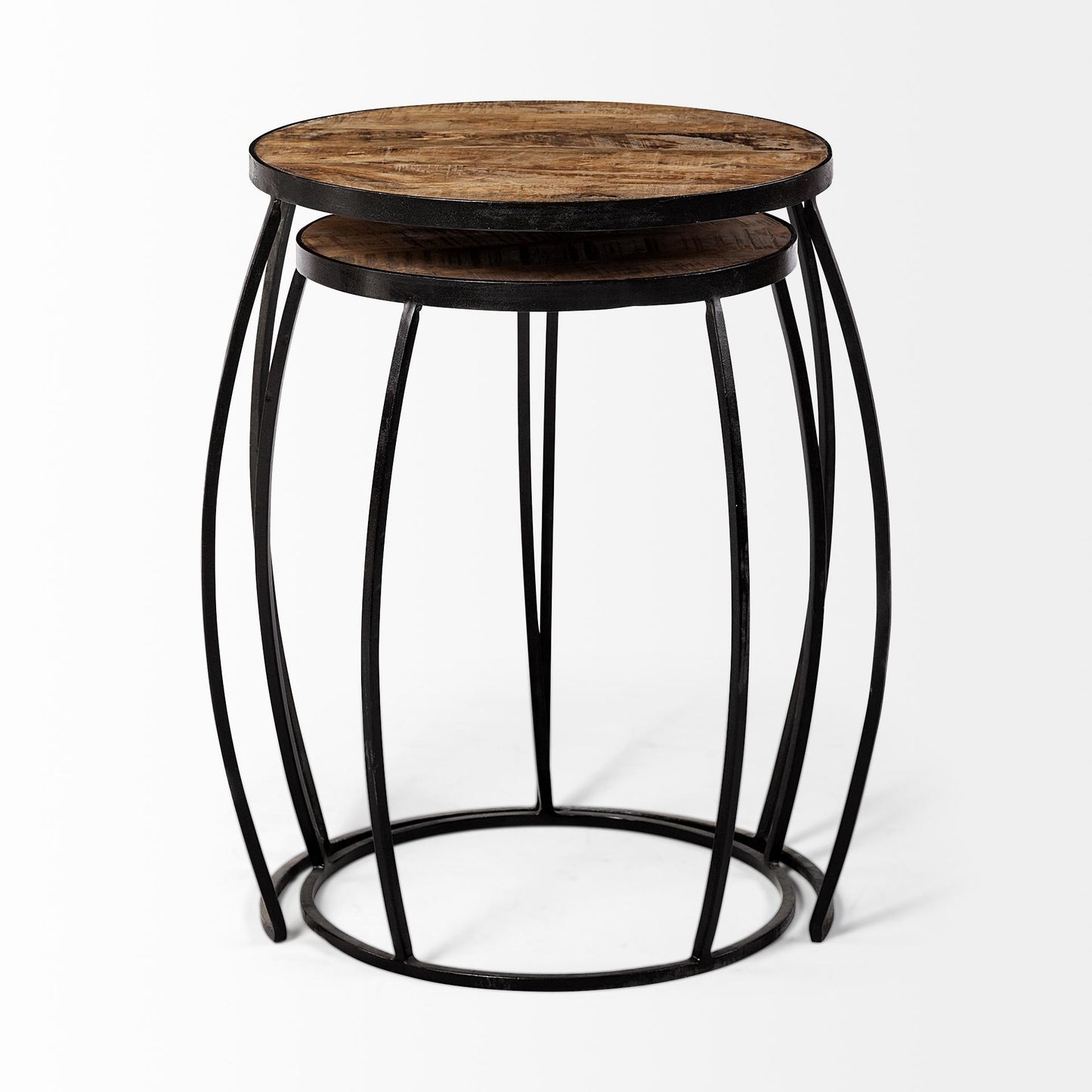 Clapp IV (Set of 2) 20L x 20W Brown Round Wood Top W/ Black Iron Frame Nesting Accent Tables