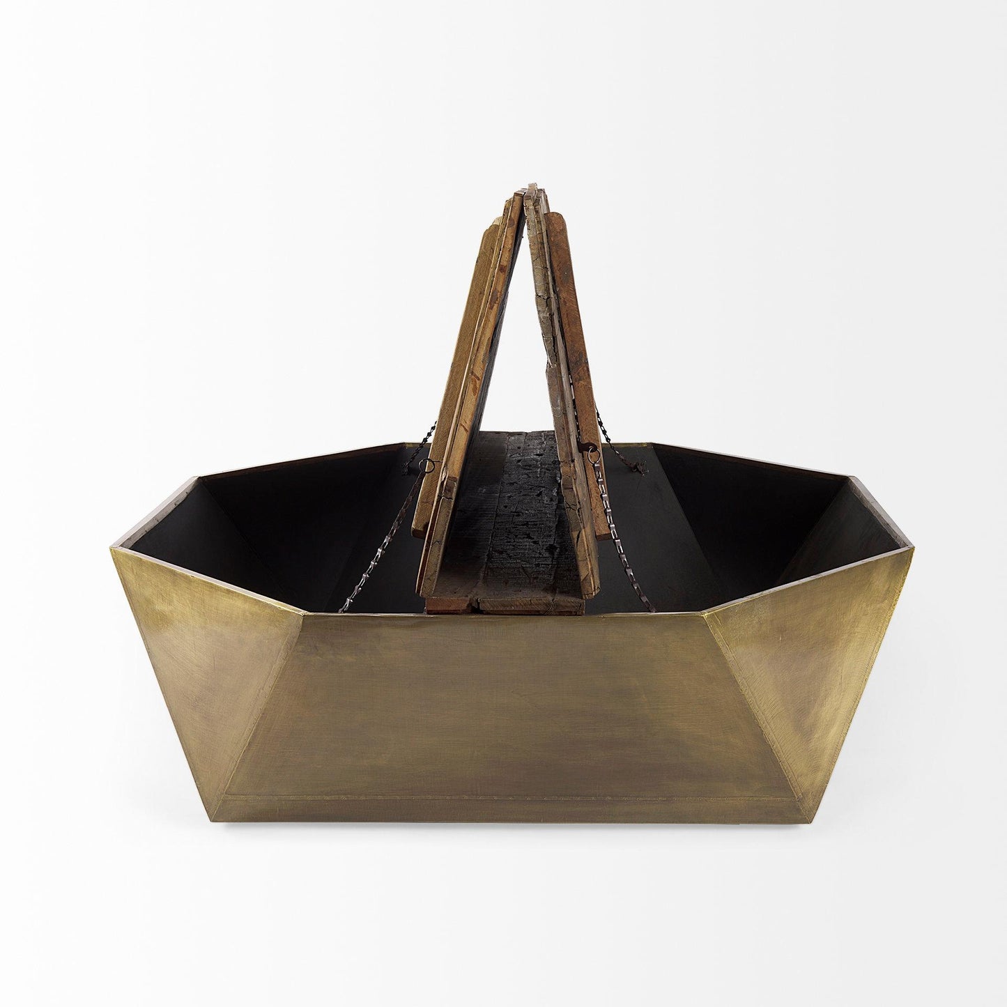 Esagono Octagonal Gold Metal-Clad Reclaimed Wood Coffee Table w/ Storage