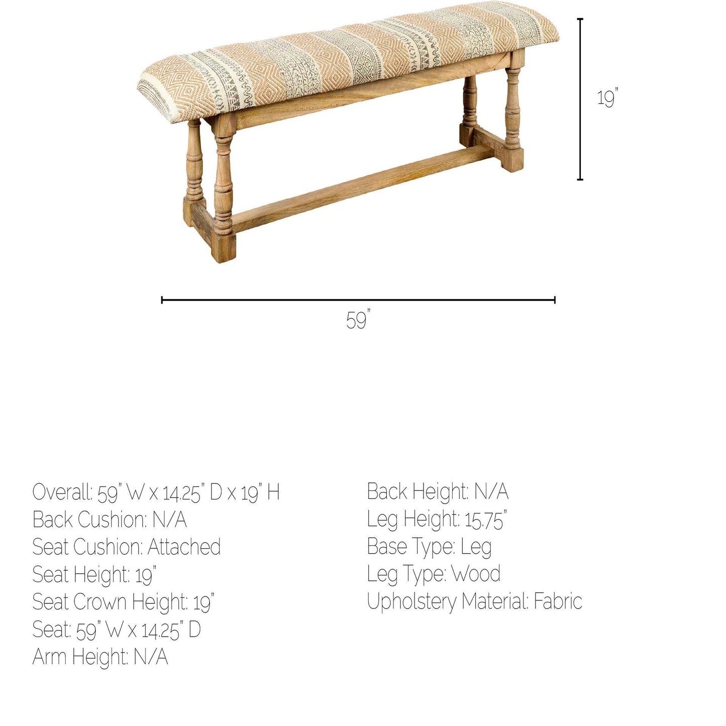 Greenfield II 59L x 14W Patterned Tan Upholstered Wood Frame Accent Bench