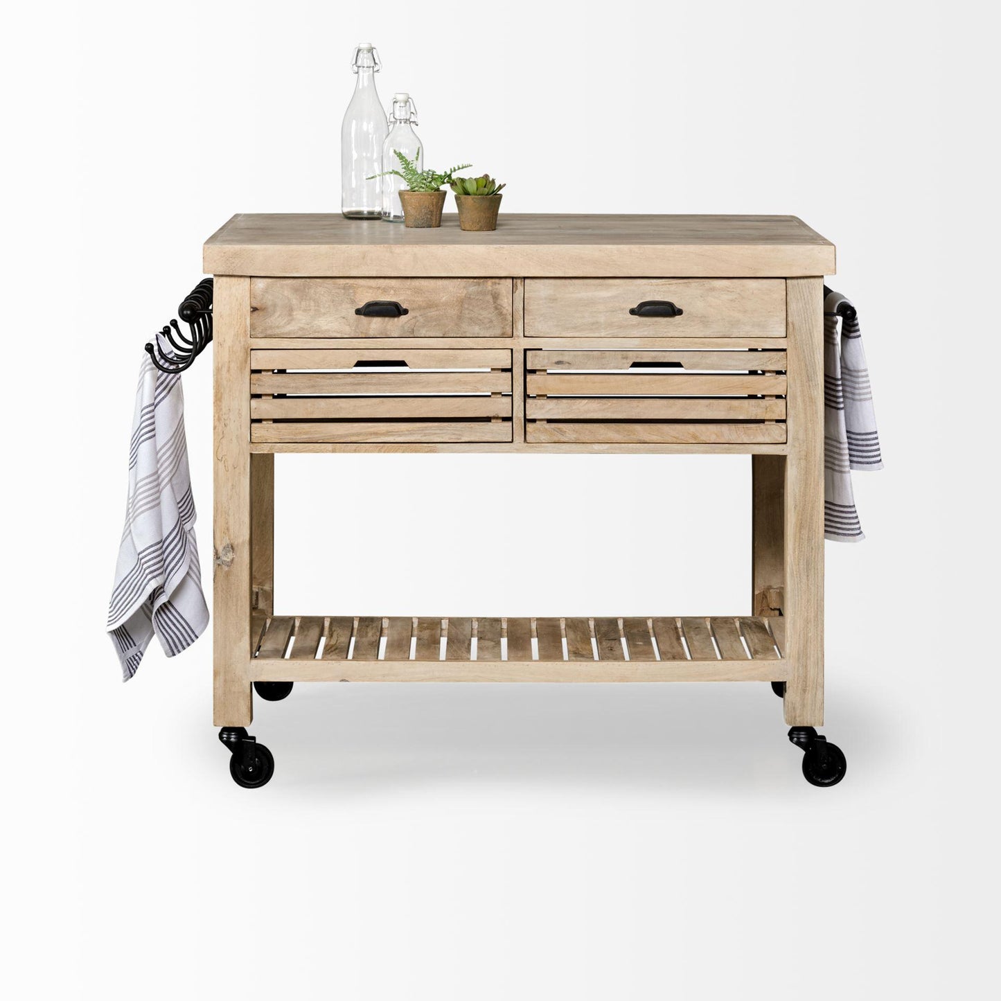 Columbia II Light Brown Base with Black Iron Knobs Rolling Kitchen Island