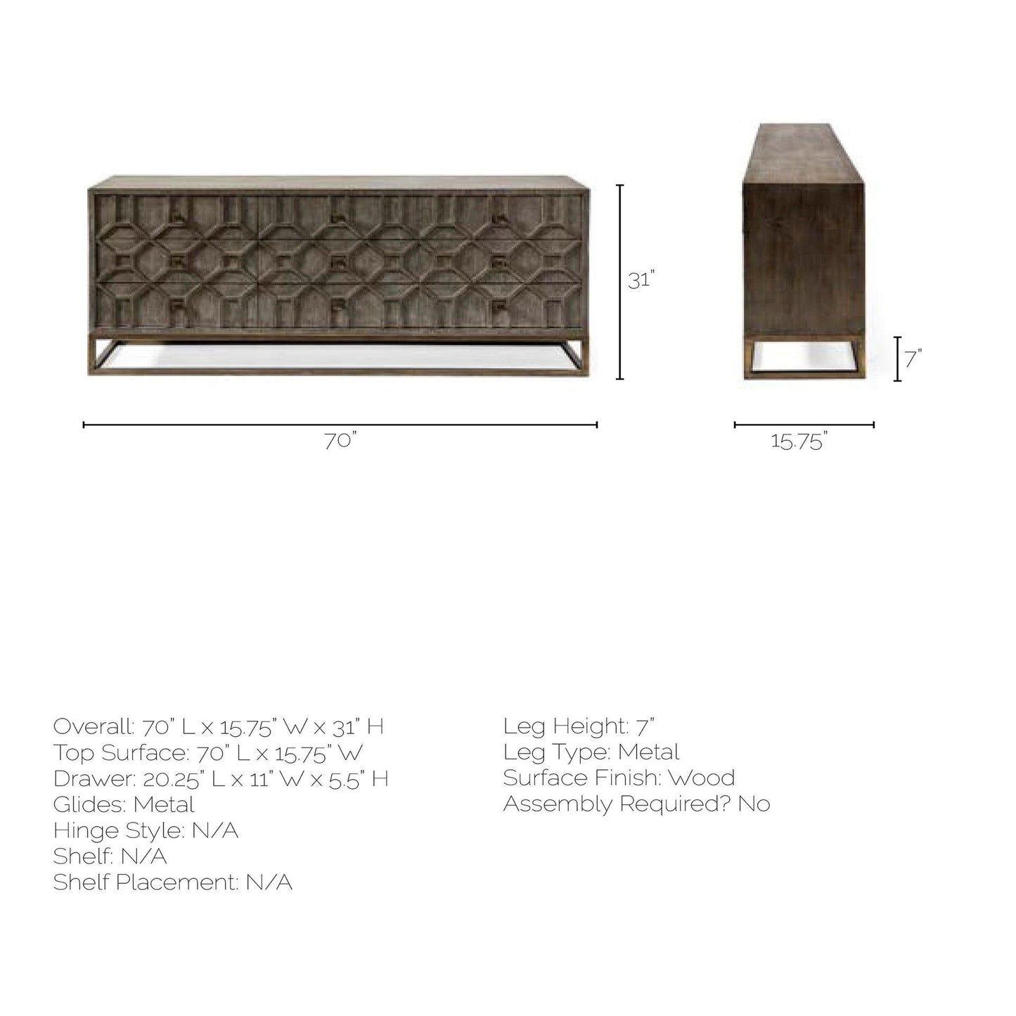 Genevieve II 70x15.8 Gray Fir Veneer W/Gold Metal Frame Base 9 Drawer Sideboard