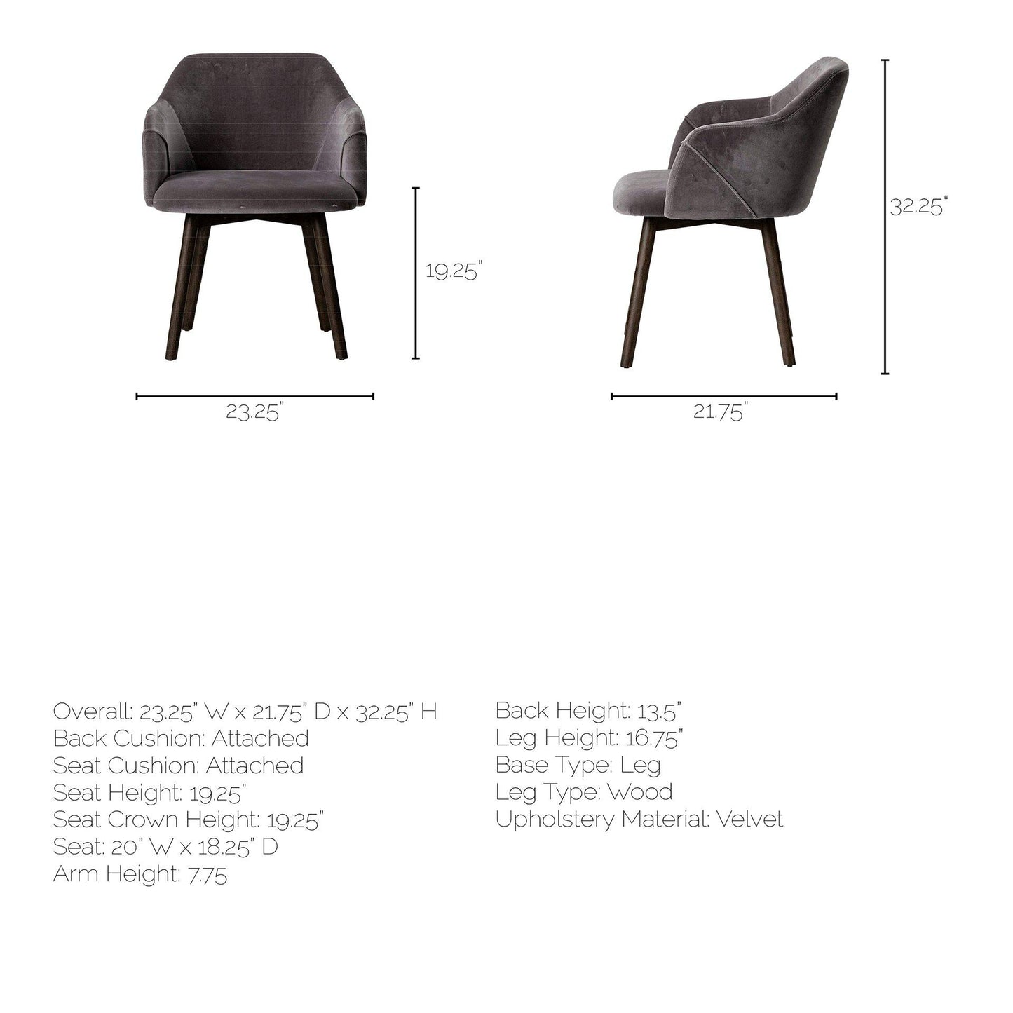 Ronald II Grey Velvet Wrap Black Wooden Base Dining Chair
