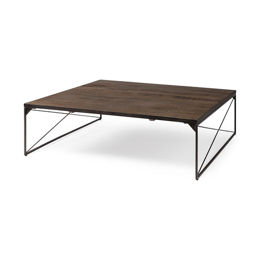 Trestman 48x48 Square Brown Wood Top Black Metal Base Coffee Table