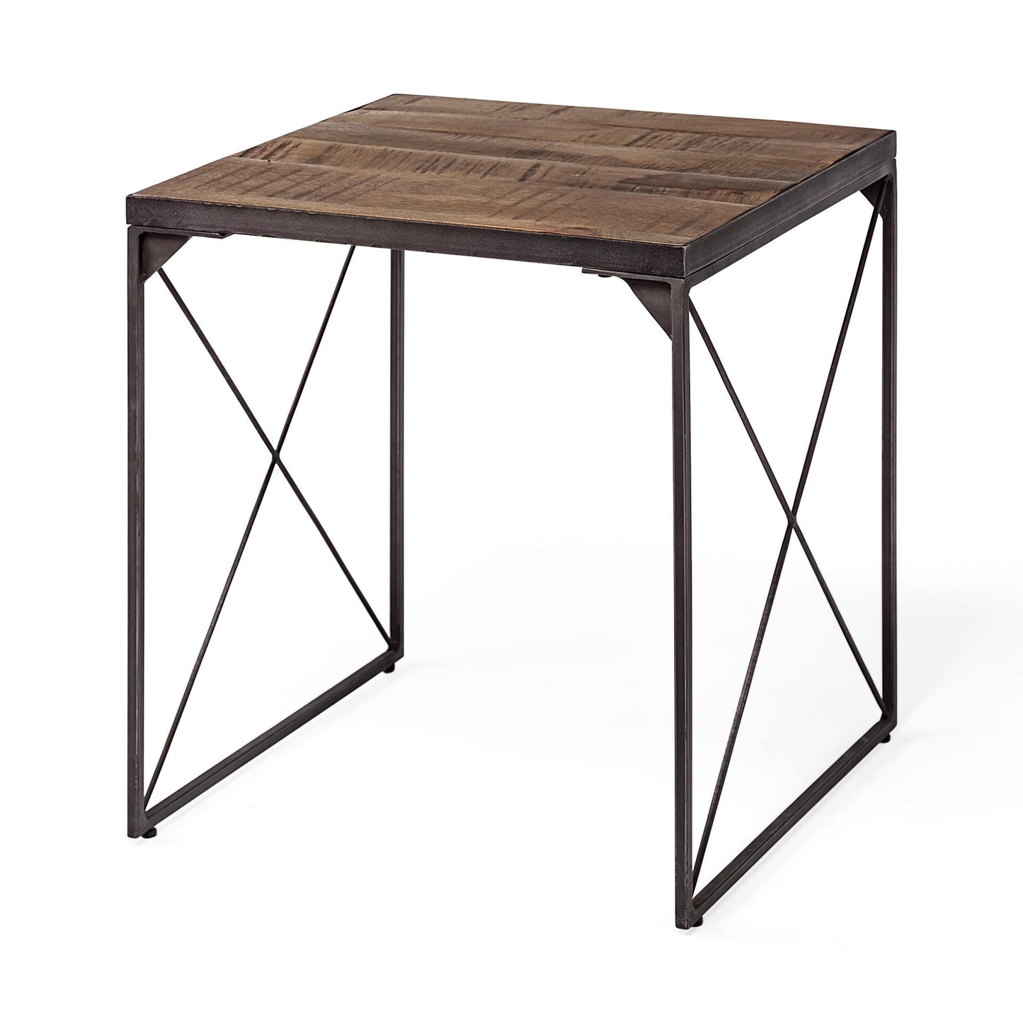 Trestman II 24" x 22.5" Square Top Medium Brown Wood and Iron Cross Braced End/Side Table