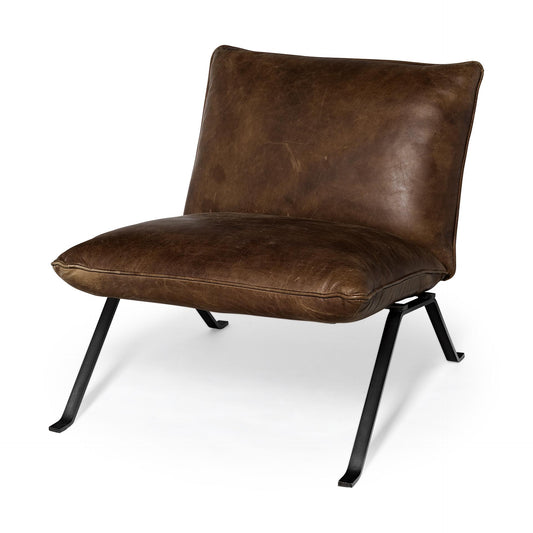 Flavelle I Brown Leather Cushion Seat and Solid Iron Base Accent Chair