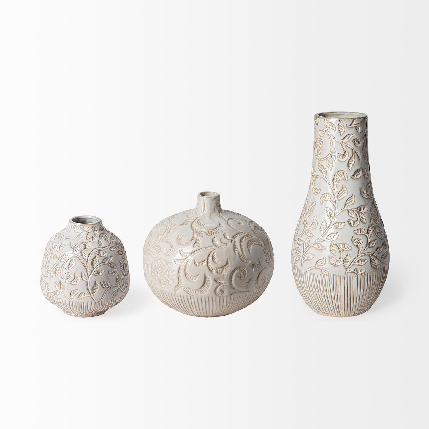 Jadiza III Large White Glaze Floral Patterned Ceramic Vase