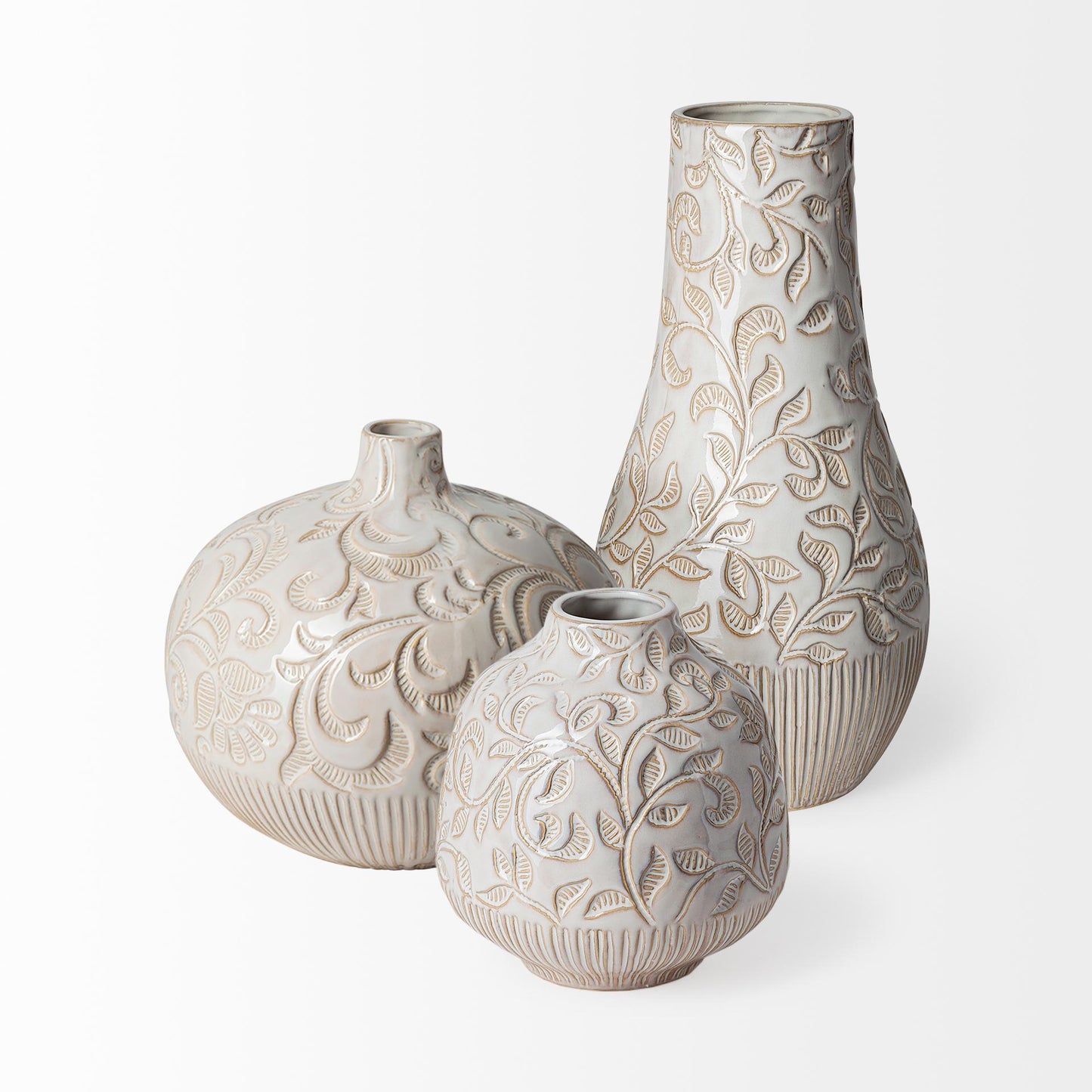 Jadiza II Medium White Glaze Floral Pattern Vase