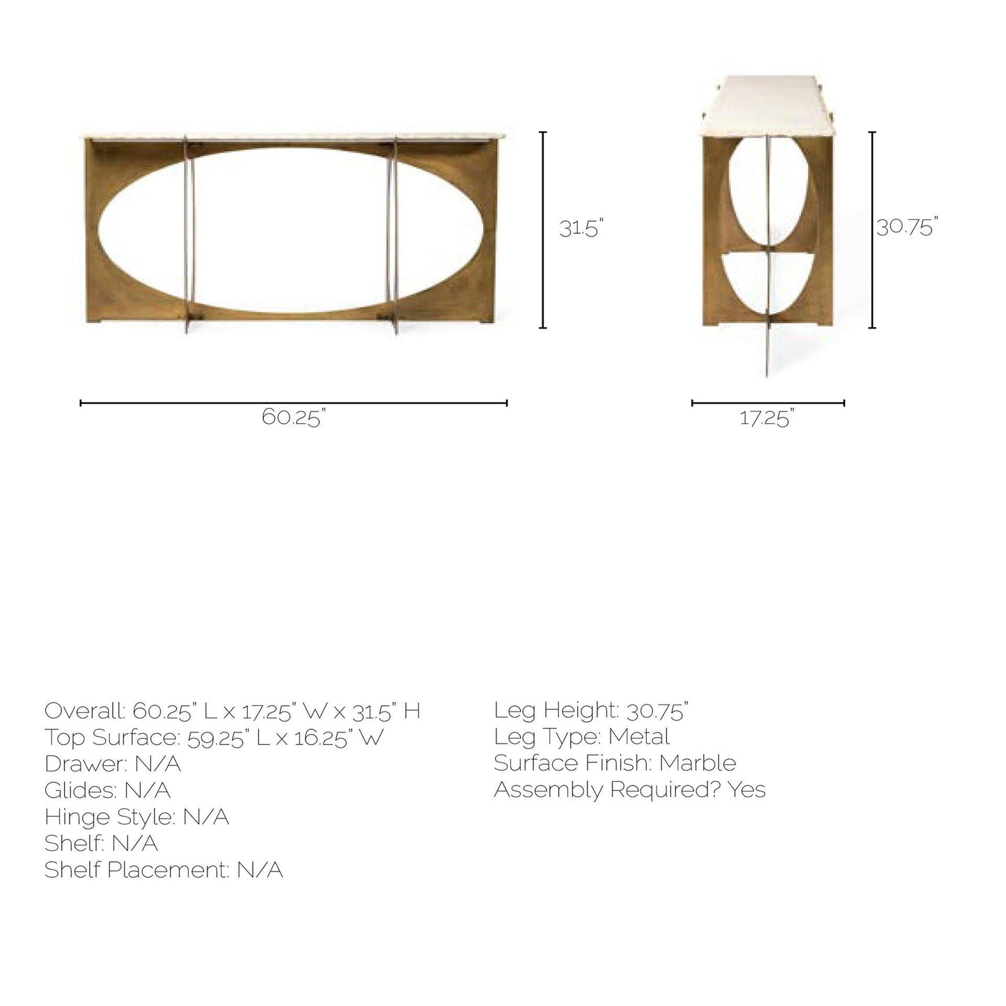 Reinhold IV 59L x 16W White Marble Top Gold Metal Base Console Table