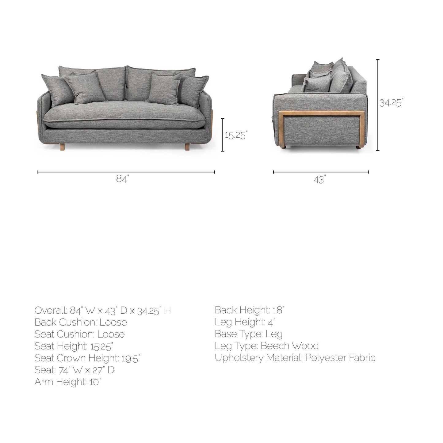 Roy I 84" Castlerock Gray Upholstered Three Seater Sofa