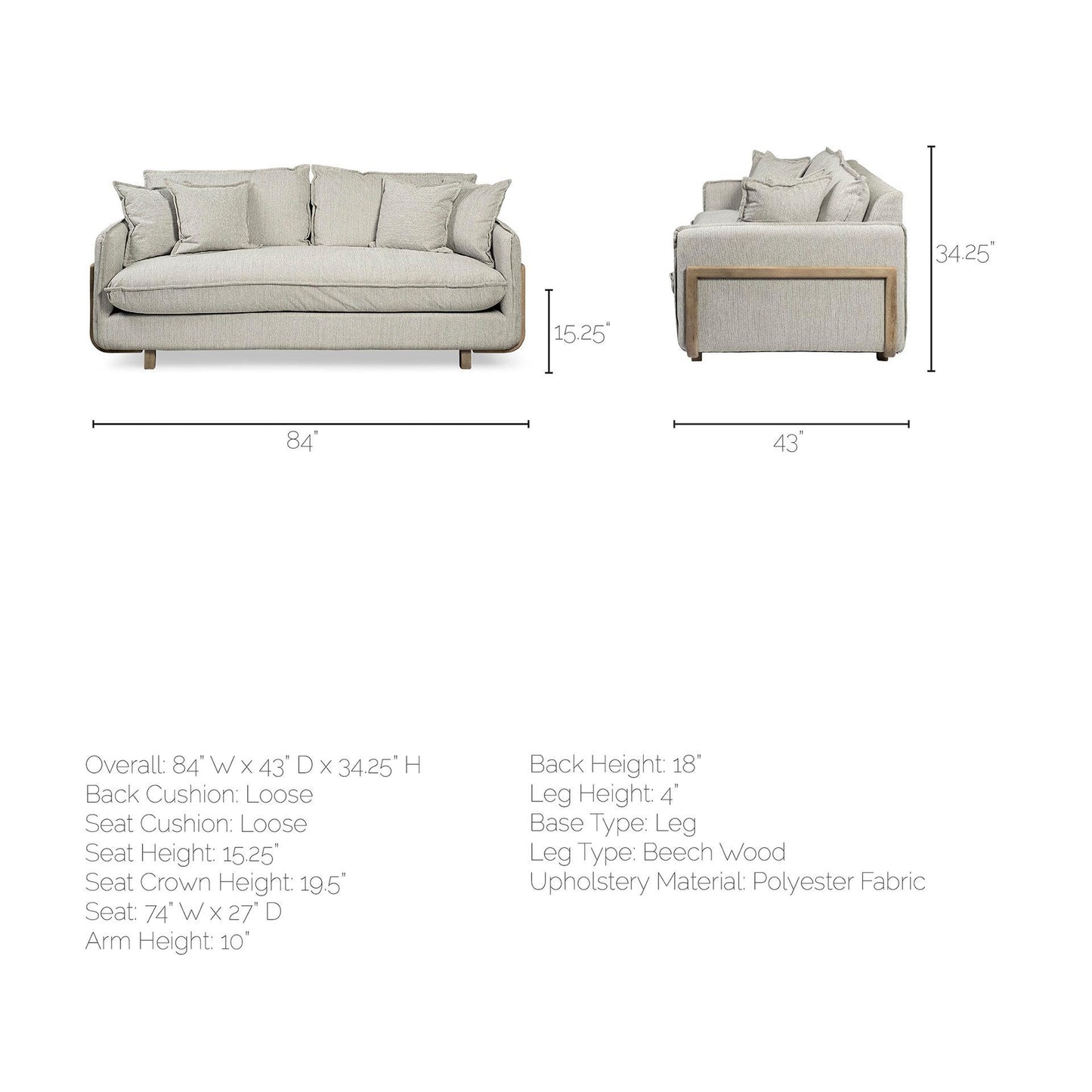 Roy I 84" Frost Gray Upholstered Three Seater Sofa