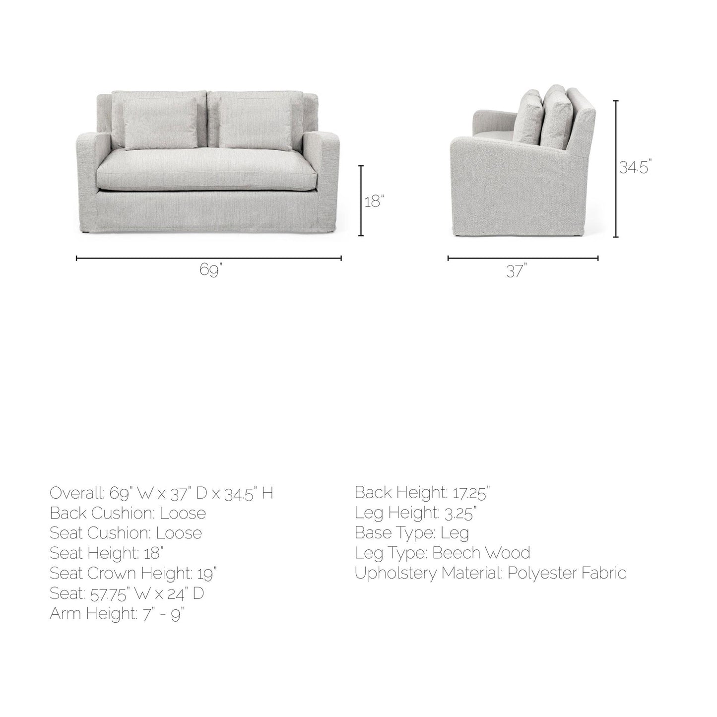 Denly I 69 X 38.25 X 34.5 Frost Gray Slipcover Two Seater Sofa