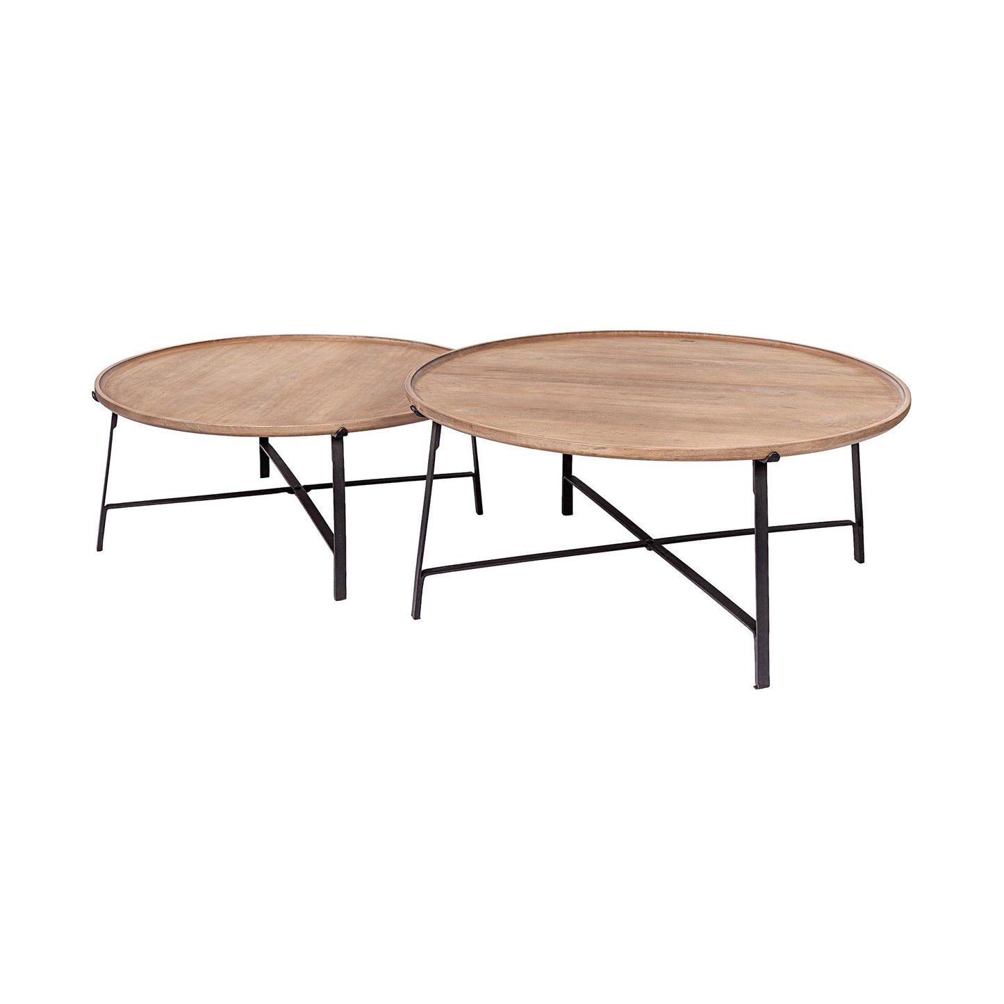Helios (Set of 2) Brown Solid Wood Top Black Metal Base Nesting Coffee Tables