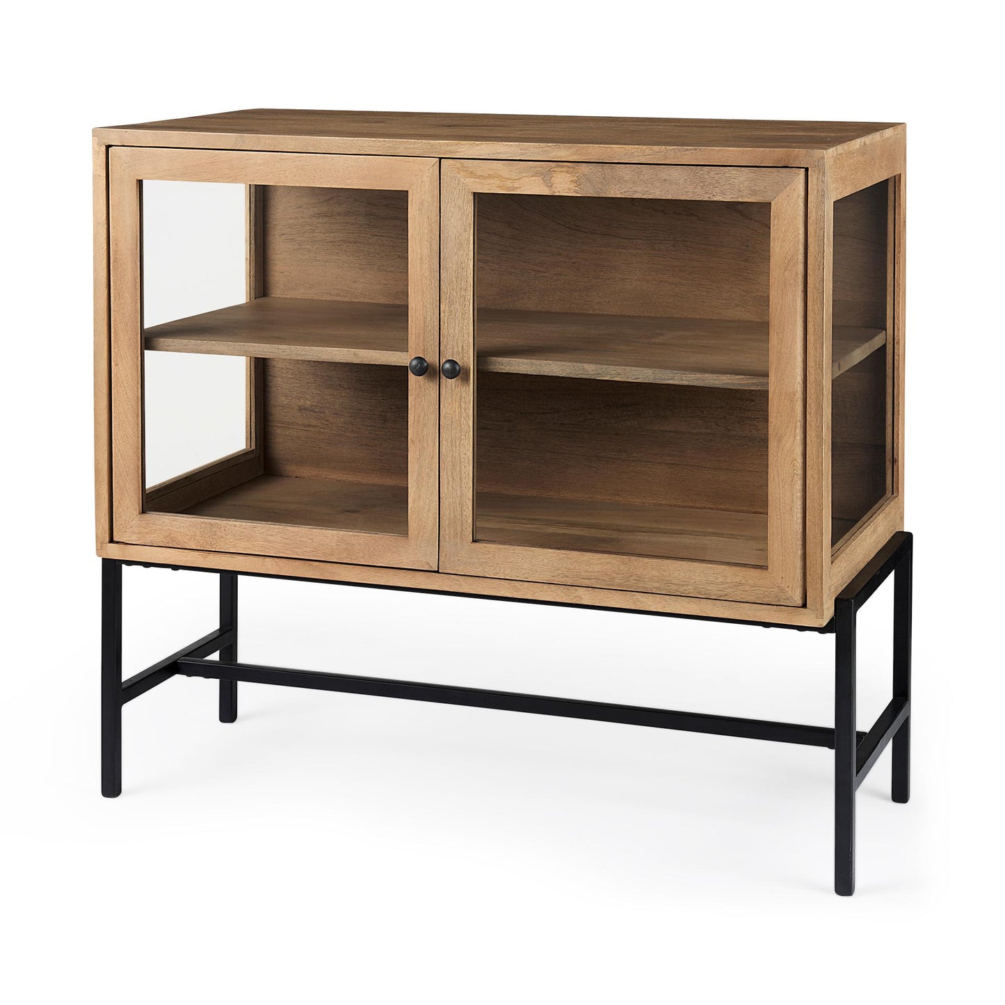 Arelius 36L x 18W x 32H Light Brown Wood, Black Metal Base w/ 2 Glass Doors Accent Cabinet