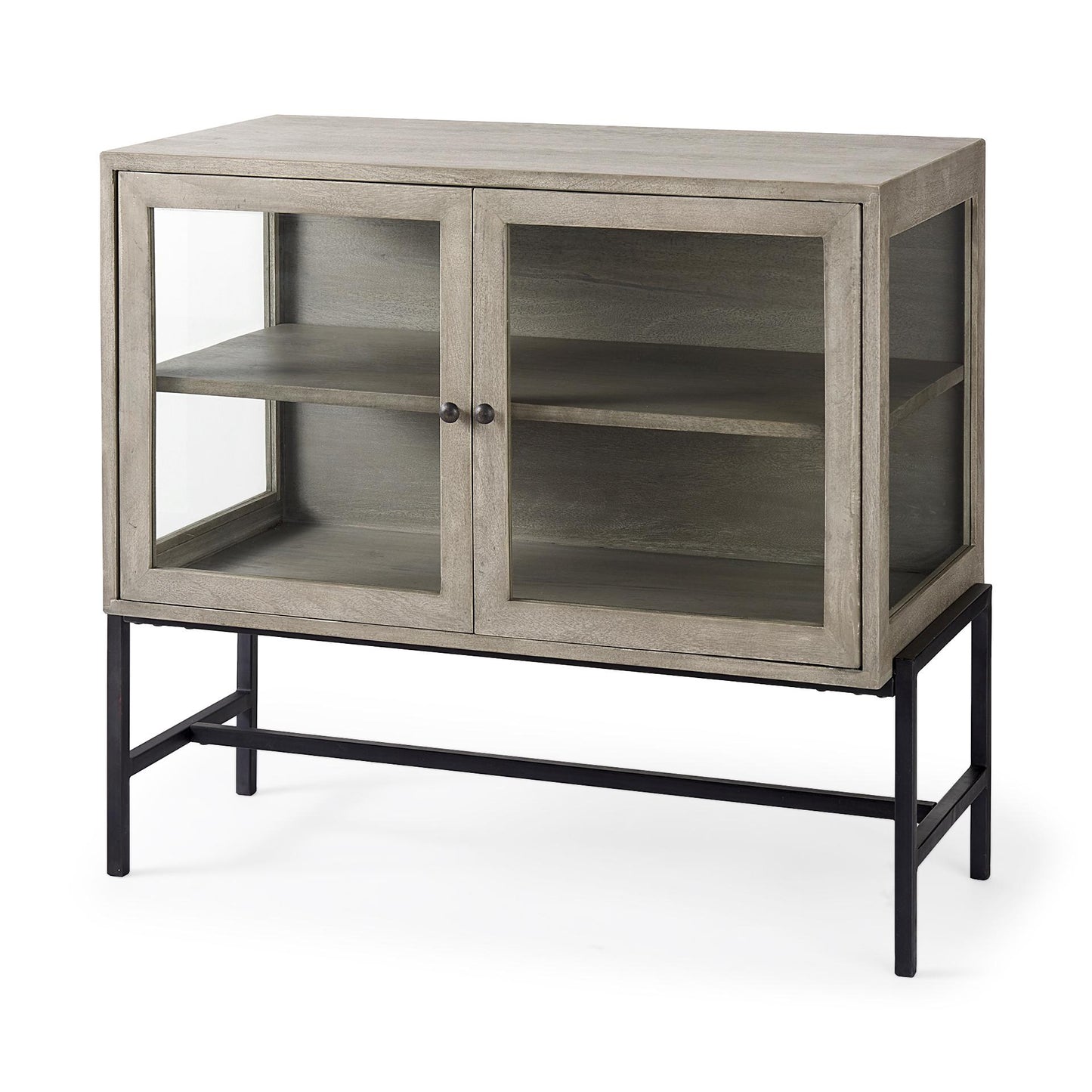 Arelius 36L x 18W x 32H Gray Wood, Black Metal Base w/ 2 Glass Doors Accent Cabinet