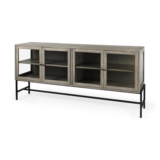 Arelius 70L x 18W x 32H Gray Wood, Black Metal Base w/ 4 Glass Cabinet Doors Sideboard