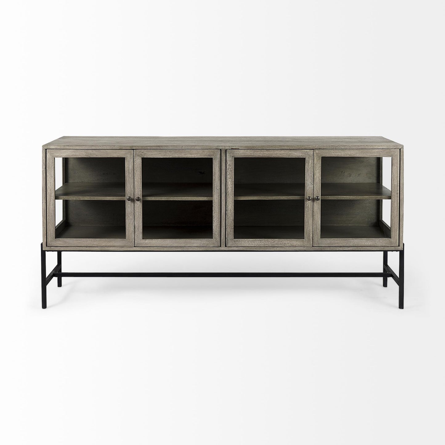 Arelius 70L x 18W x 32H Gray Wood, Black Metal Base w/ 4 Glass Cabinet Doors Sideboard