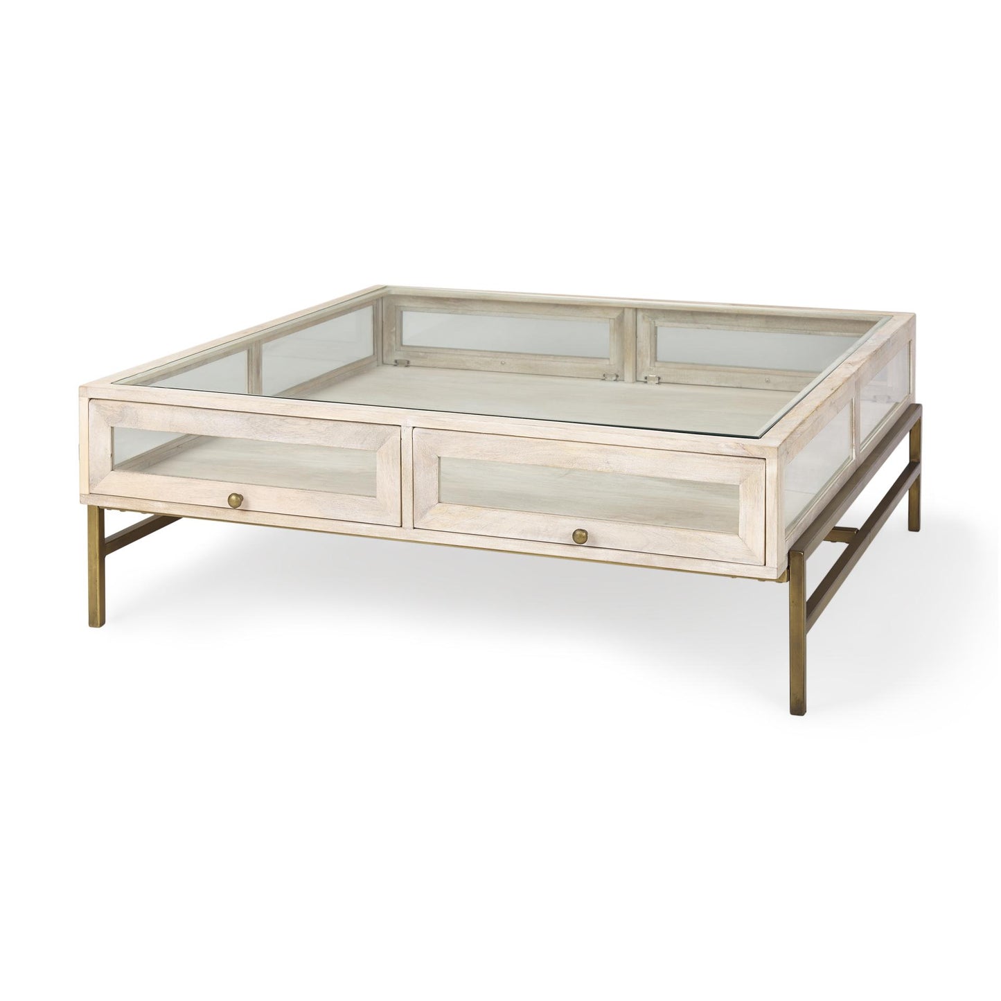 Arelius 42L x 42W x 15H White Wood W/ Gold Metal Base Square Display Coffee Table