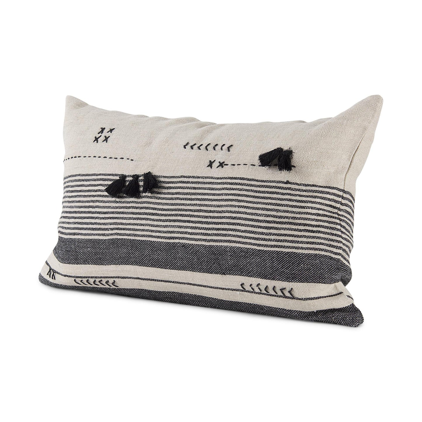 Thalia 13L x 21W Black and Beige Fabric Striped and Fringed Decorative Pillow Cover