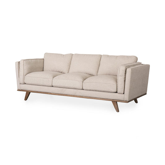 Brooks 90.2L x 34.8W x 33.5H Cream Fabric Three Seater Sofa W/ Medium Brown Wooden Legs