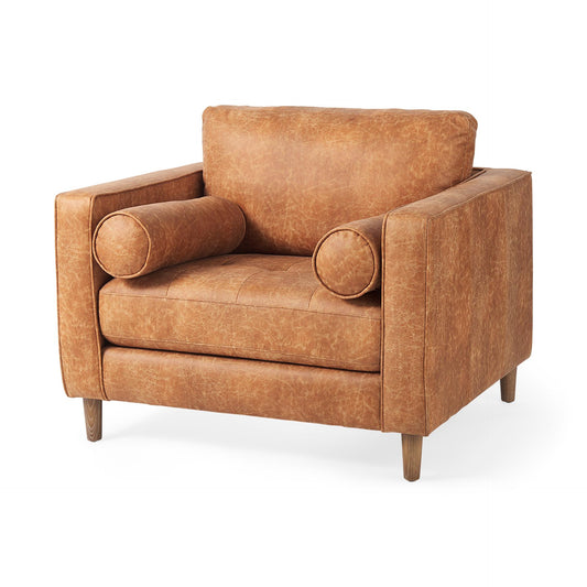 Loretta 40.7L x 36.2W x 33.9H Cognac Brown Faux Leather Chair W/ Two Bolster Cushions
