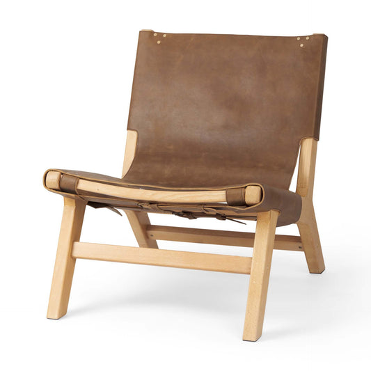 Elodie 24.4L x 33.9W x 30.7H Brown Leather W/Natural Beech Wood Frame Accent Chair