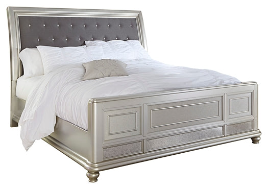Coralayne Queen Upholstered Sleigh Bed with Mirrored Dresser and 2 Nightstands