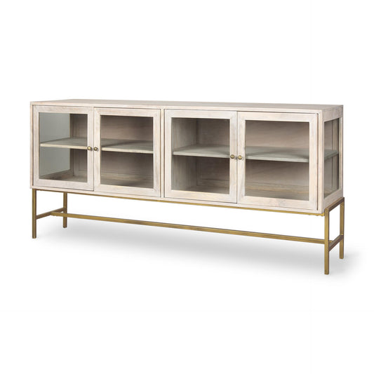 Arelius 70L x 18W x 32H White Wood W/ Gold Metal Base 4 Door Glass Cabinet Sideboard