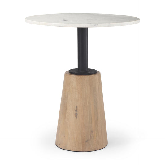Maxwell 32" Round White Marble Tabletop w/ Blonde Wood & Black Metal Accent Pedestal Bistro Table