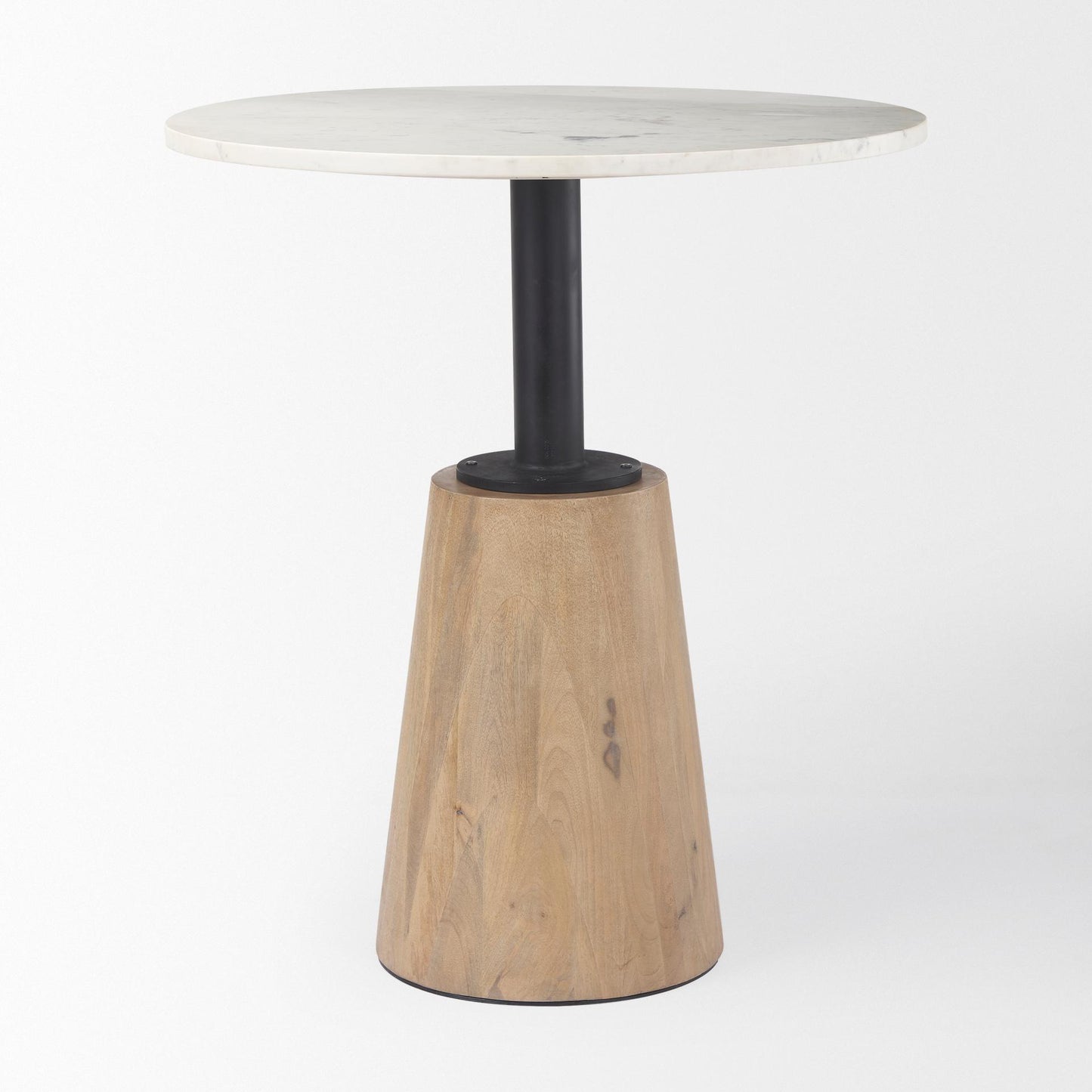 Maxwell 32" Round White Marble Tabletop w/ Blonde Wood & Black Metal Accent Pedestal Bistro Table