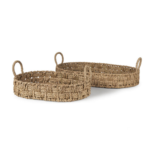 Haini Set of 2 Large Basketweave Seagrass Trays w/ Loop Handles