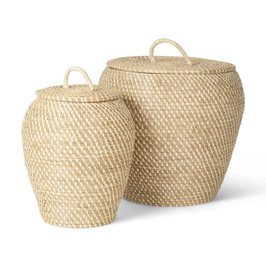 Kalopa Set of 2 Seagrass Floor Baskets w/ Flat Handled Lid